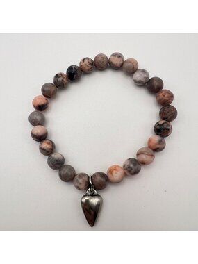 Pink Zebra Jasper Stone Bead Stretch Bracelet Silver Tone Heart Charm
